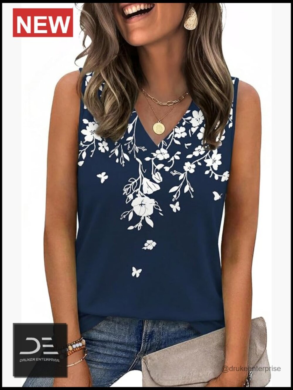 V Neck Sleeveless Tank Top Floral Blouse Business Casual Summer Top